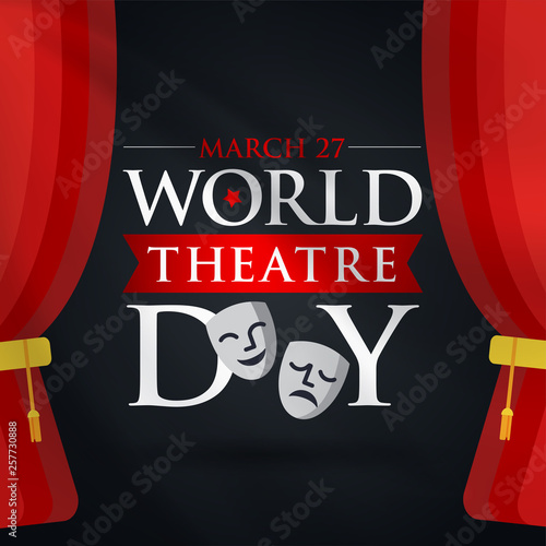 27 Mart Dünya Tiyatrolar Günü. Translation: March 27, World theatre day, concept greeting card, with curtains and Scene with red velvet curtain, theatrical masks. Template, vector, illustration.