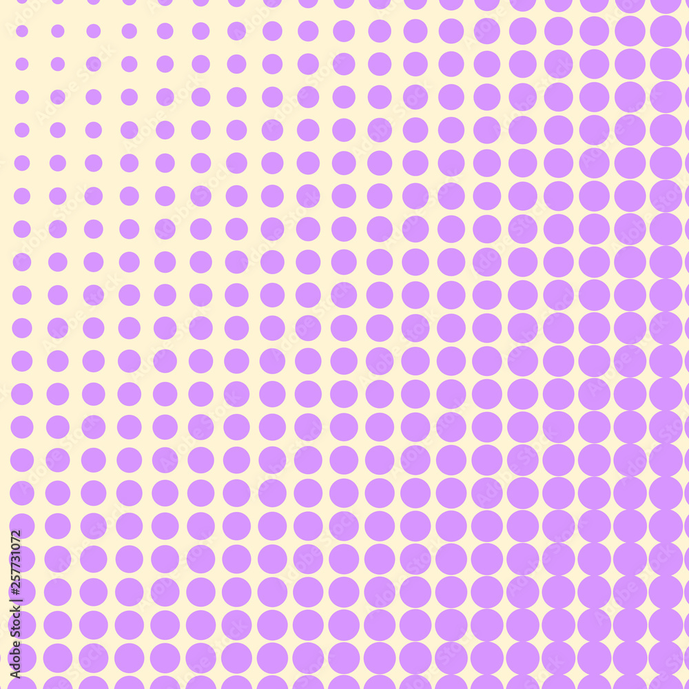Pop art background, the violet color turns into yellow. Circles, balls of different shapes. Raster