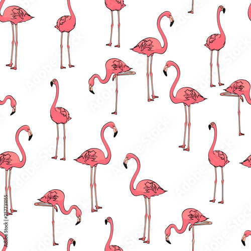 Seamless background, three pink flamingos on white. Raster © toricheks