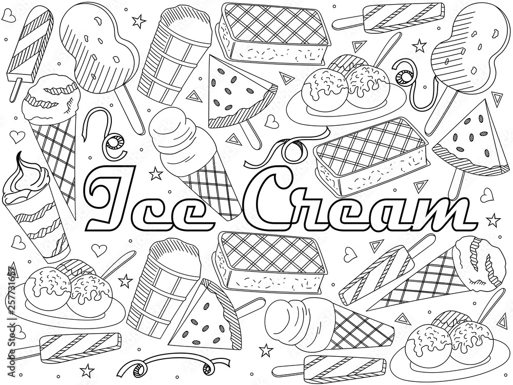 Objects of linear art on a white background. Theme of public catering, summer vacation, a set of various ice-cream raster