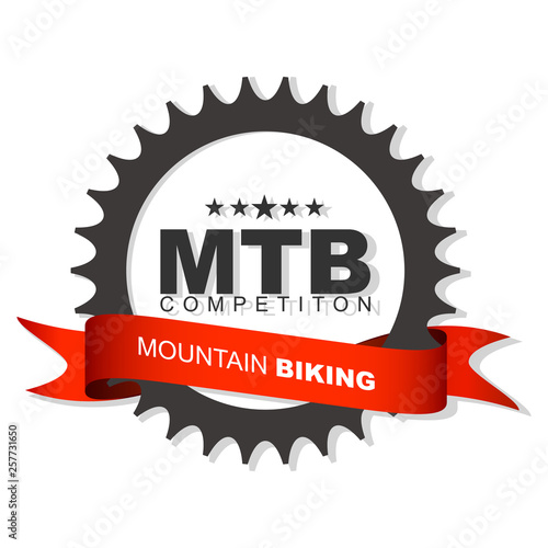Mountain biking competition logo design. Sign with chain ring and ribbon. Mountain bike Gear logo template. 