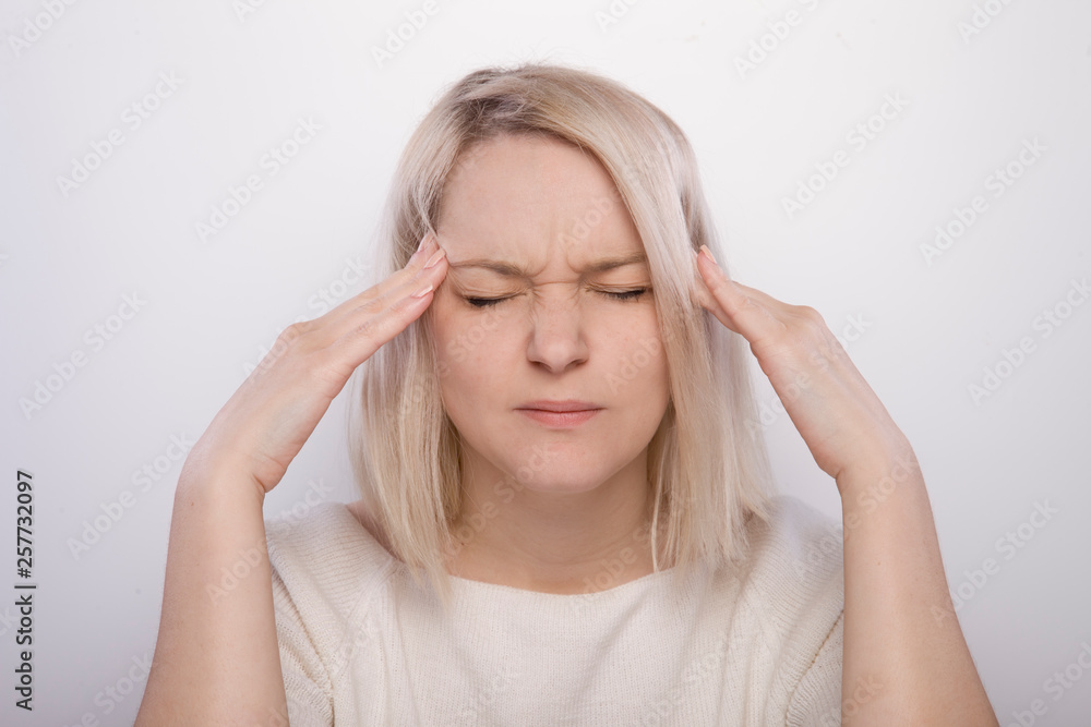 girl in bright clothes and the bandage on his head. Headache, migraine. girl in bright clothes and the bandage on his head. Headache, migraine.