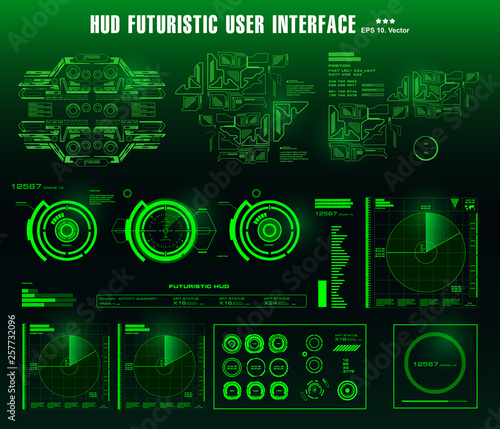 Futuristic green virtual graphic touch user interface, target. HUD dashboard display virtual reality technology screen