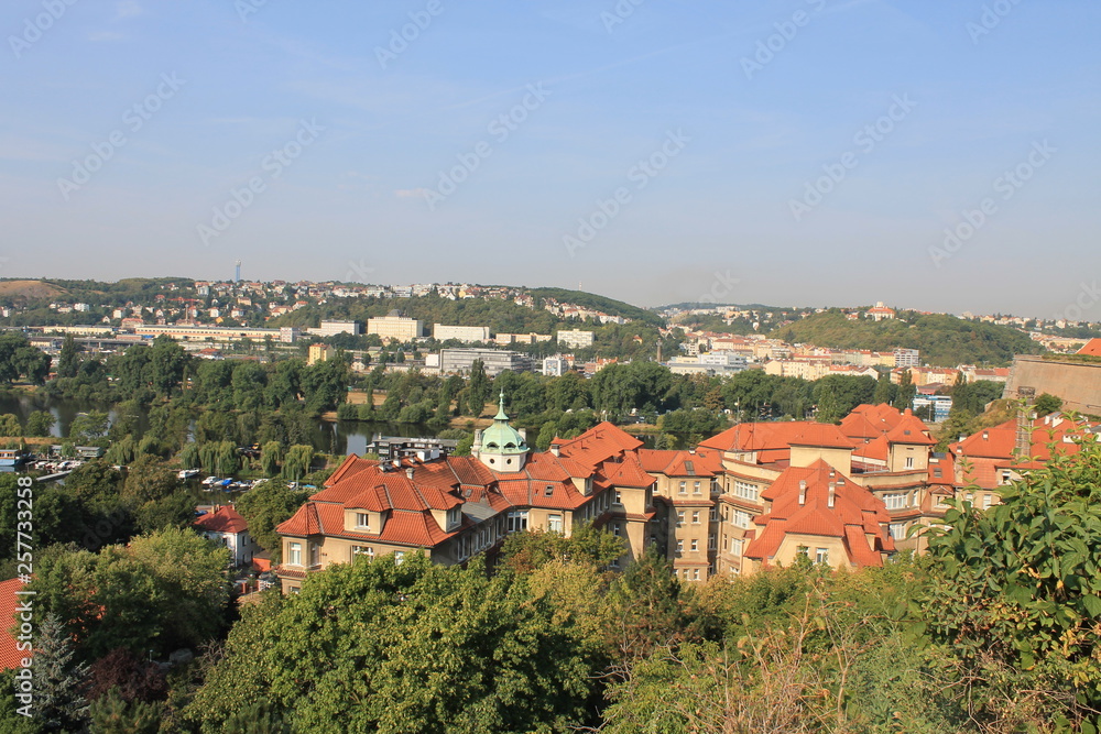 Panoramic view of Prague Czech Republic and Vltava river from Visegrad fortress