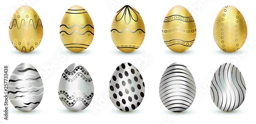 Easter. Vector illustration, golden and silver eggs isolated on white background with shadow. Easter eggs