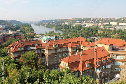 Panoramic view of Prague Czech Republic and Vltava river from Visegrad fortress photo