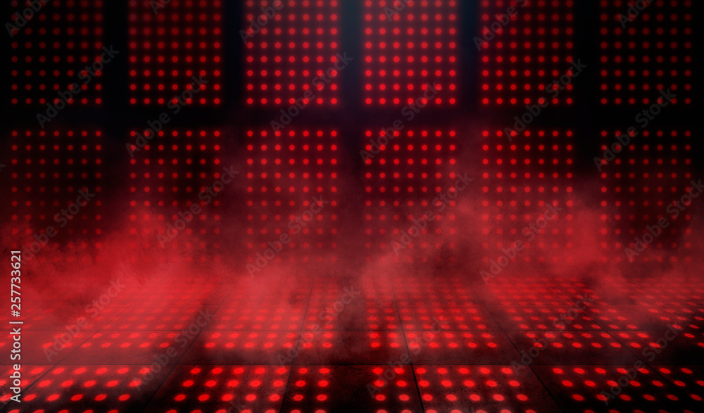 Empty scene background. Dark background of empty room, neon red light,  concrete floor, smoke Stock Photo | Adobe Stock