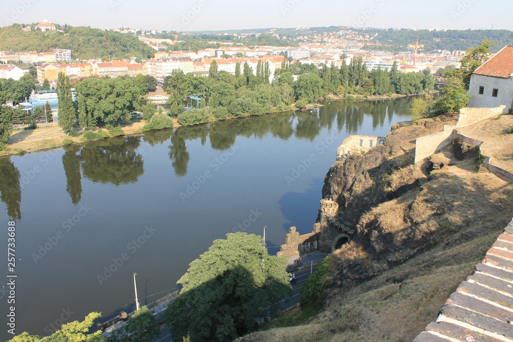 Panoramic view of Prague Czech Republic and Vltava river from Visegrad fortress