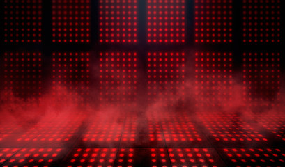 Empty scene background. Dark background of empty room, neon red light, concrete floor, smoke