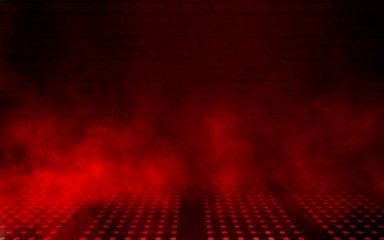 Empty scene background. Dark background of empty room, neon red light, concrete floor, smoke