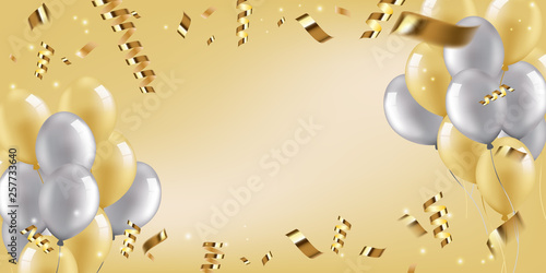 Festive wide poster of golden and silver balloons with ribbons, empty space in center. Vector 3D realistic inflatable balls.