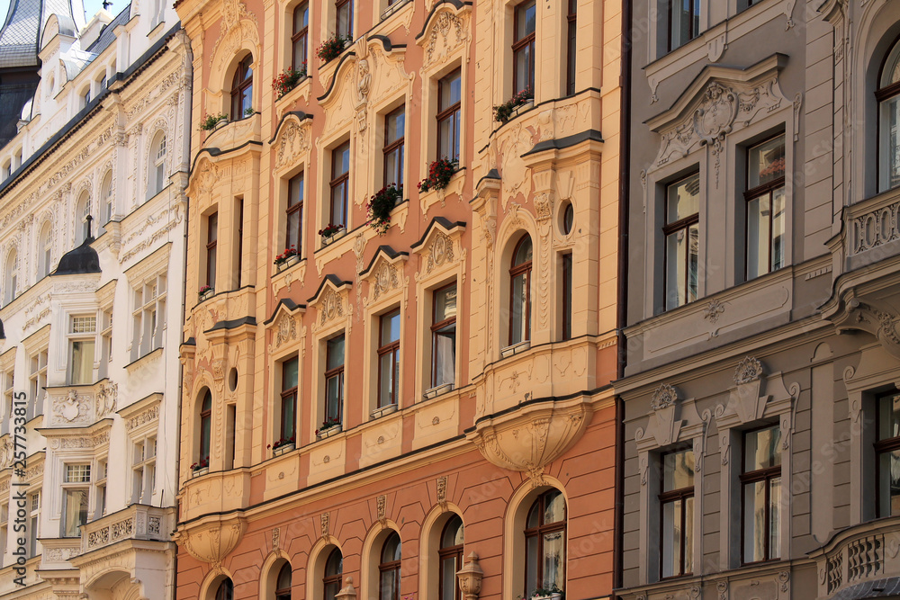 Architectural elements of the facade of the building in the historic center of Prague Czech Republic