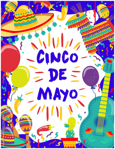 Cinco de Mayo Vector Poster Of Fiesta Elements. Mexican Attributes Sombreros, a Guitar, Cactus and decoration. Vector illustration