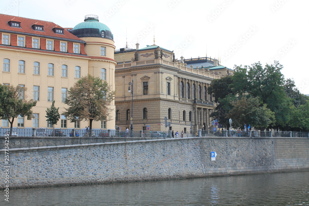 View Of the Prague Conservatory and promenade from the Vltava river in the Czech Republic