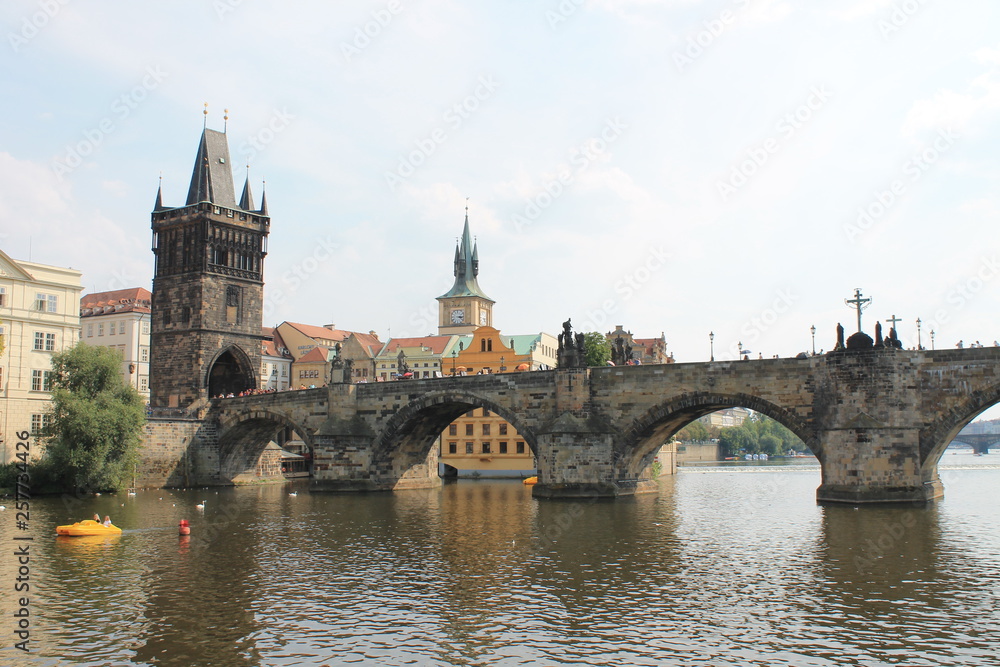 View of Charles bridge in Prague from the Vltava river View of Charles bridge in Prague from the Vltava river