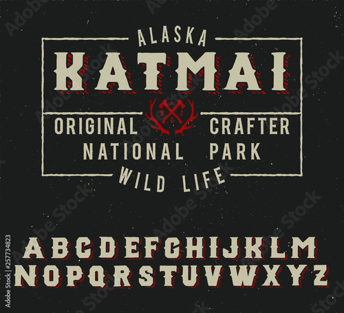 Wild life camp. Katmai national park. Original vintage. Retro style. Serif handmade font.