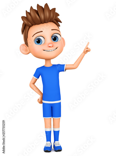 Character cartoon boy athlete points to a blank space on a white background. 3d rendering. Illustration for advertising.