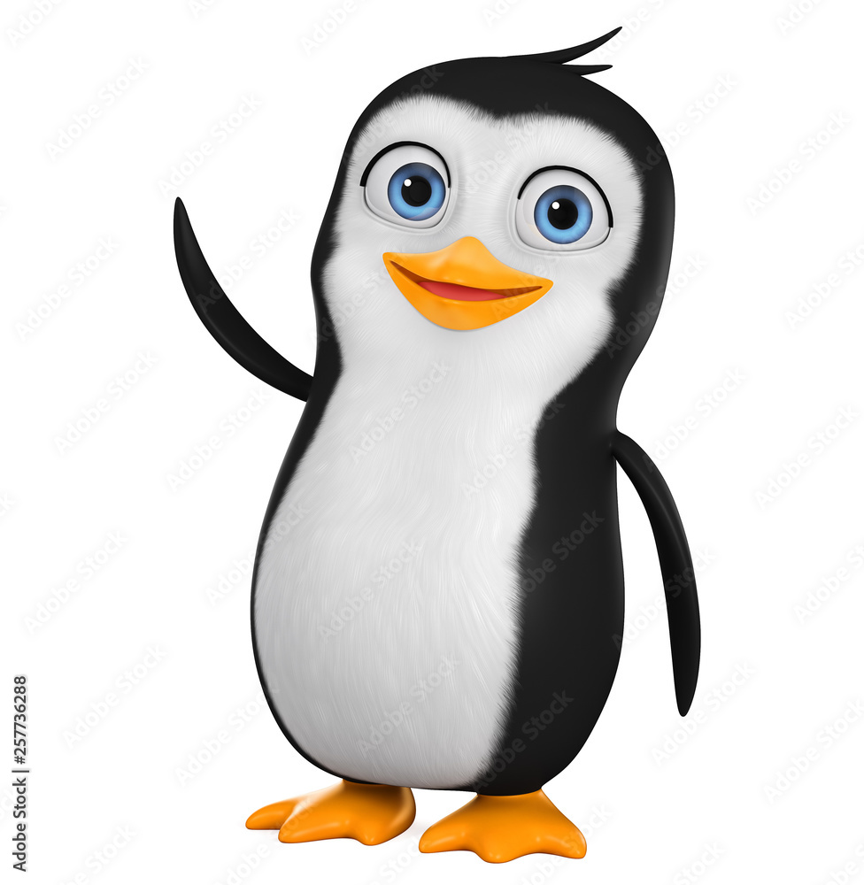 Obraz premium Funny penguin points to an empty space. 3d render illustration.