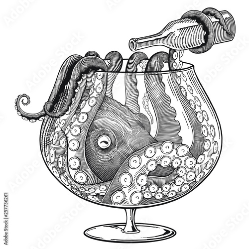 Black and white vector drawing of octopus with bottle sitting in a big glass photo