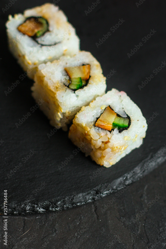 sushi rolls. Fresh and delicious portion - Sushi menu. Japanese food. food background. Top sushi rolls. Fresh and delicious portion - Sushi menu. Japanese food. food background. Top
