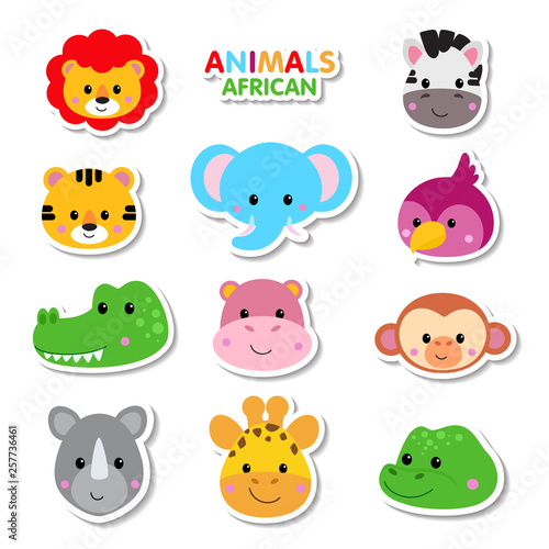 Cute set of cartoon animals stickers. Vector illustration of African animals
