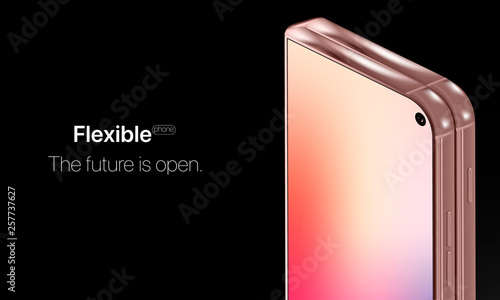Flexible phone. Concept new technology in phone industries. Flexible display of mobile phone bended hanging over table. New technology transforming phone into a tablet. Illustration smart device.