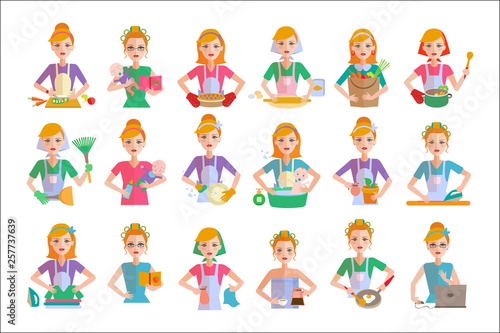 Flat vector set of housewife icons. Woman doing housework cooking, shopping, taking care of baby, cleaning, ironing clothes, working