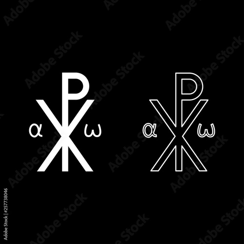 Crismon symbol Cross monogram Xi Hi Ro Konstantin Symbol Saint Pastor sign Religious cross Alfa Omega icon set white color vector illustration flat style image photo