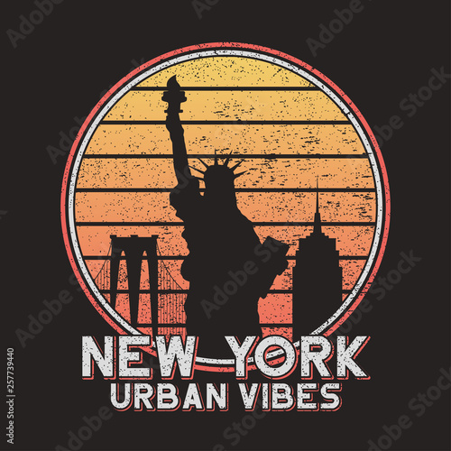 New York slogan typography for design t-shirt with city buildings. NYC original grunge print for tee shirt. Vector illustration.