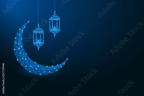 Ramadan Kareem background with low poly crescent and lantern made by polygonal wireframe mesh. Vector illustration.