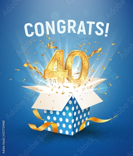 40 th years anniversary and open gift box with explosions confetti. Isolated design element. Template fortieth birthday celebration on blue background vector Illustration