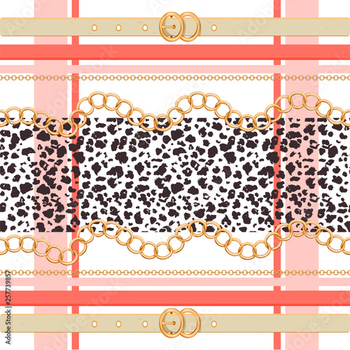 Golden chains, belts and leopard skin seamless pattern. Fashion background for textile prints, scarf, silk shawls and cravat design. Vector illustration.