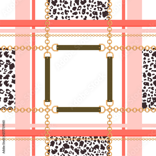 Abstract geometric seamless pattern with golden chains, belts and leopard skin. Colorful fashion print for textile, scarf, silk shawls and cravat design. Vector illustration on white background.