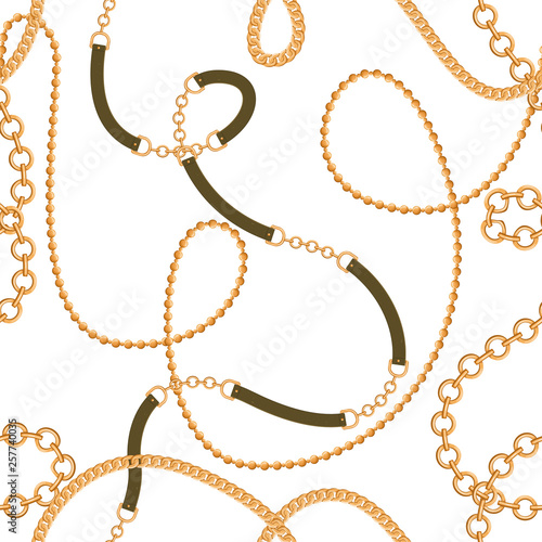 Abstract seamless pattern with golden chains and belts. Trendy luxury print for textile, scarf, silk shawls, lingerie, wrapping and cravat design. Vector illustration on white background.