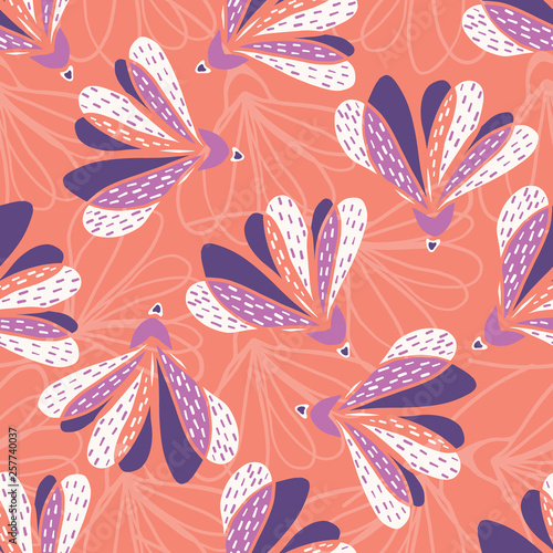 Hand drawn large scale floral vector seamless pattern. Coral background. Bold oversized white purple stylized leaf blooms. Painted pretty garden flower. Retro vintage fashion foliage all over print.