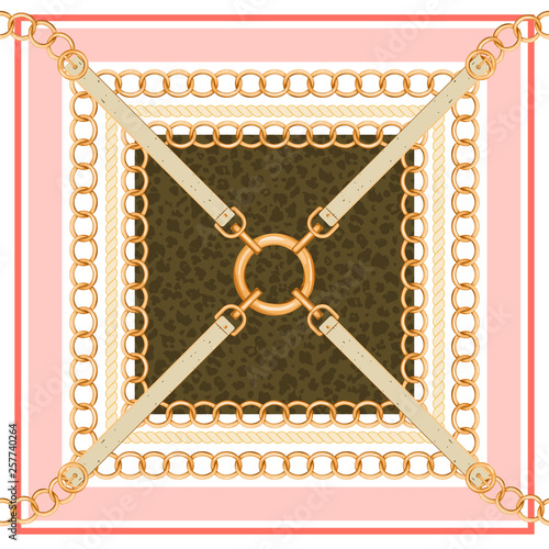 Geometric pattern with golden chains, belts and animal skin. Trendy print for textile, scarf, silk shawls and cravat design. Vector illustration.