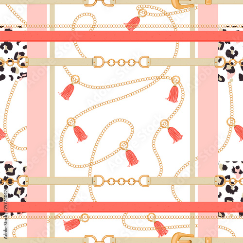 Abstract seamless pattern with golden chains, belts, tassels and leopard skin. Colorful fashion print for textile, scarf, silk shawls and cravat design. Vector illustration on white background.