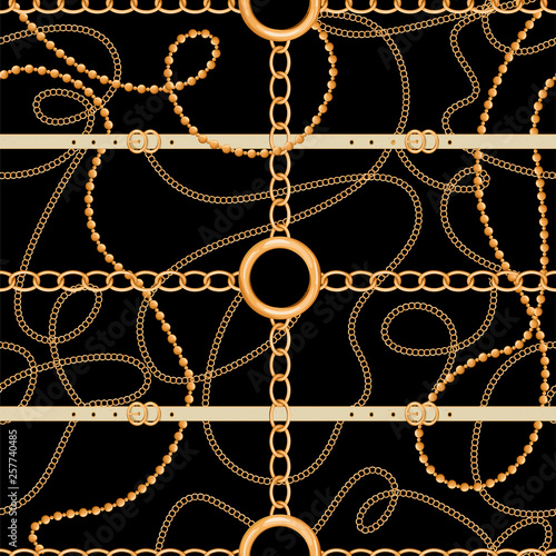 Abstract seamless pattern with various golden chains and belts. Trendy luxury print for textile, scarf, silk shawls, lingerie, wrapping and cravat design. Vector illustration on black background.