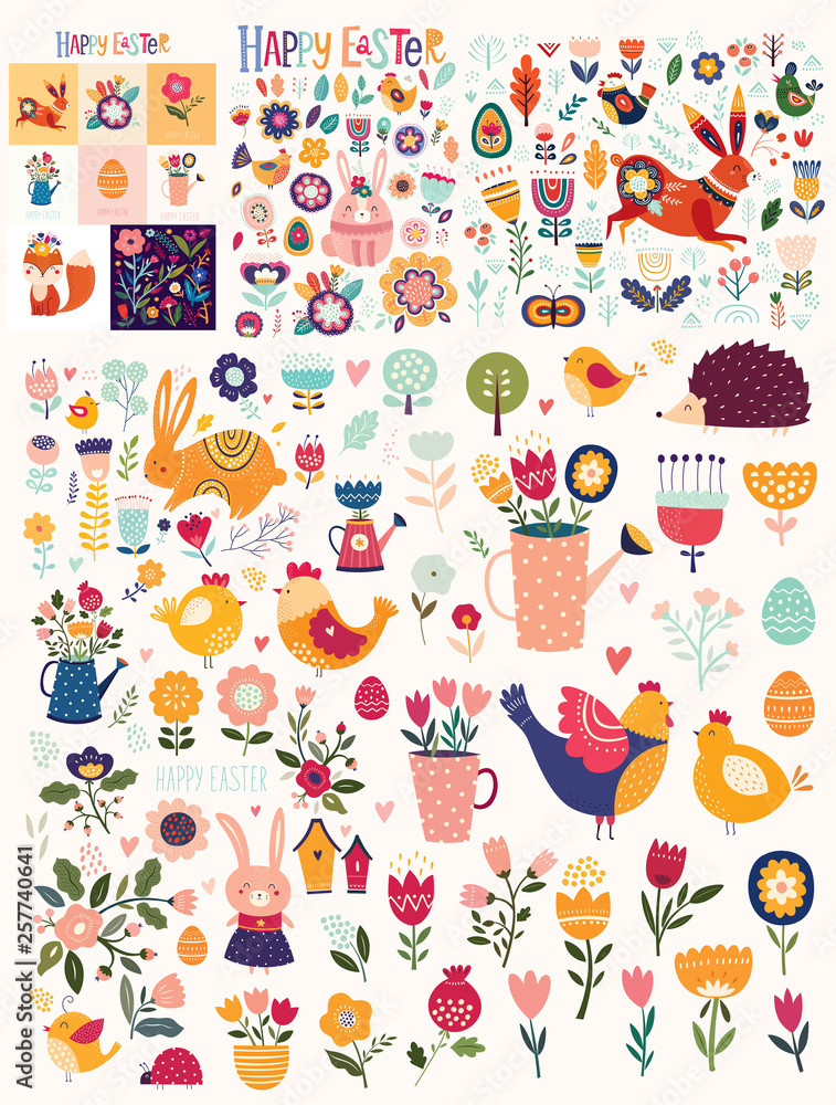Vector easter illustration with hare, birds, flowers and others