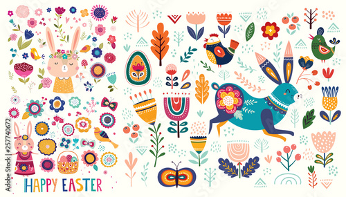Vector easter illustration with cute banny , hare, birds and flowers