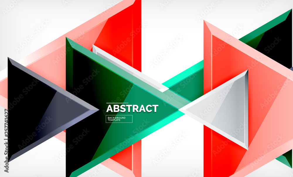 Triangles repetiton geometric abstract background, multicolored glossy triangular shapes, hi-tech poster cover design or web presentation template with copy space Triangles repetiton geometric abstract background, multicolored glossy triangular shapes, hi-tech poster cover design or web presentation template with copy space