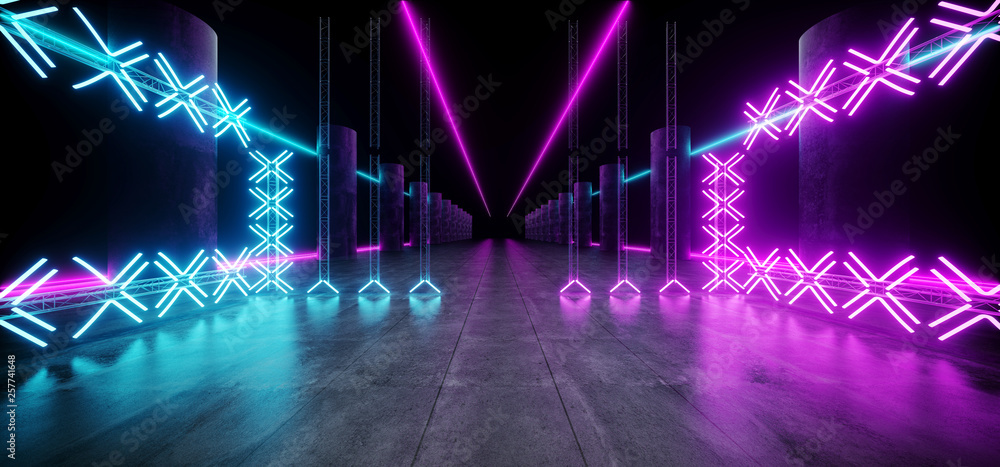 Obraz premium Sci Fi Asphalt Futuristic Dance Stage Empty Metal Construction Structure Tunnel Underground Show Neon Glowing Laser Led Vibrant Purple Blue Grunge Concrete Virtual 3D Rendering
