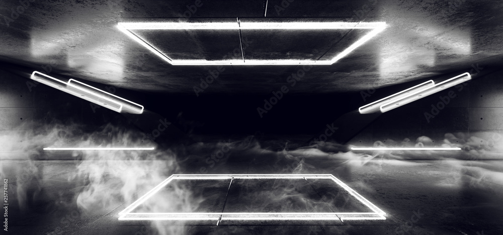 Smoke Empty Sci Fi Futuristic Retro Fluorescent Rectangles Shaped Neon Tube Laser Led Glowing White Lights On Concrete Virtual Dark Tunnel Corridor 3D Rendering Smoke Empty Sci Fi Futuristic Retro Fluorescent Rectangles Shaped Neon Tube Laser Led Glowing White Lights On Concrete Virtual Dark Tunnel Corridor 3D Rendering