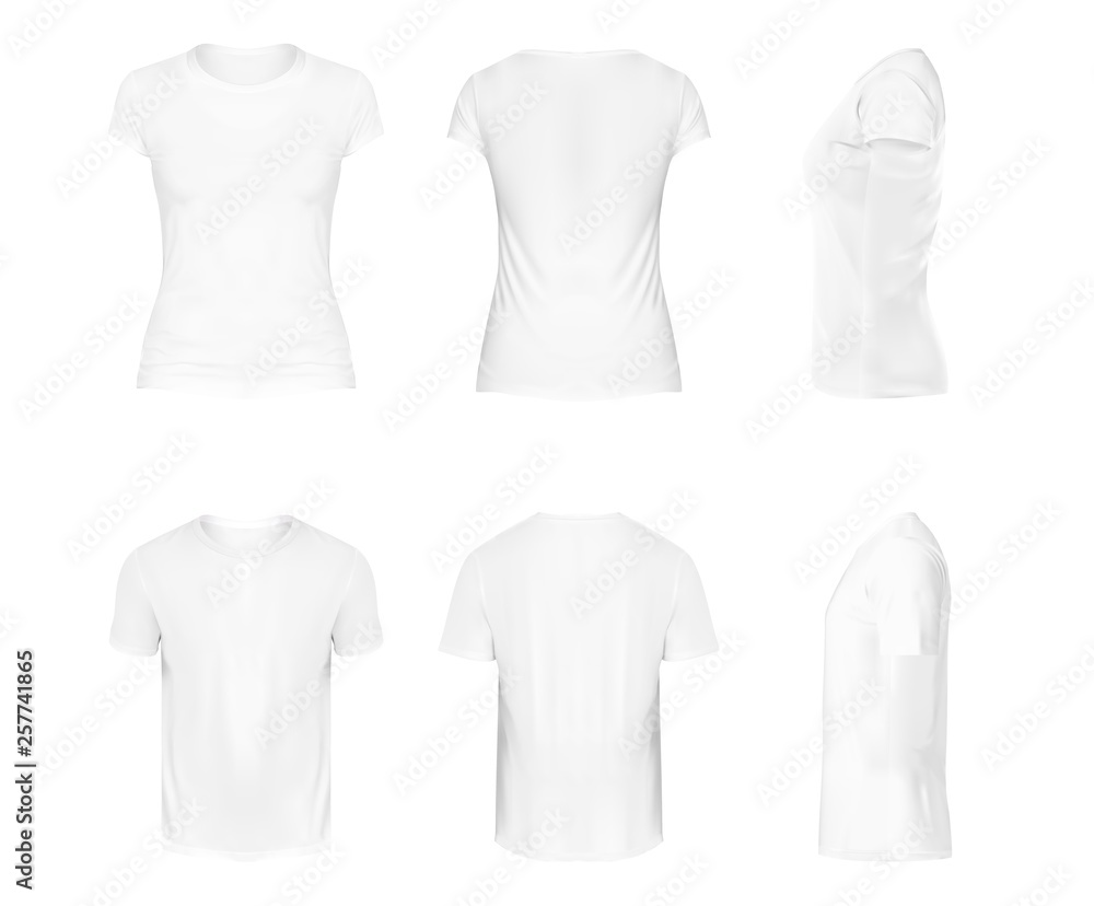 Vector realistic set of white round neck t-shirts with short sleeves, sportswear, sport uniform for football or rugby isolated on white background. Mockup for clothes design, front, rear and side view - obrazy, fototapety, plakaty 