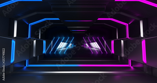 Fototapeta Naklejka Na Ścianę i Meble -  Futuristic Background Neon Glowing Sci Fi Dark Empty Corridor Tunnel Hall Vibrant Purple Blue Fluorescent Spaceship Cyberpunk Future Virtual Reality 3D Rendering