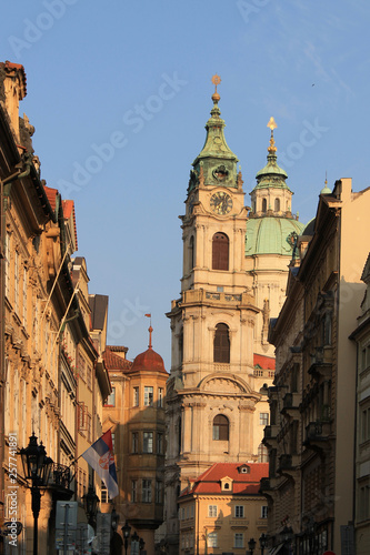 View of the dome and bell tower of St. Nicholas Catholic Church in Prague