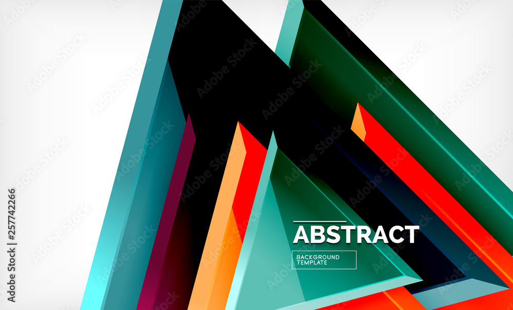 Triangles repetiton geometric abstract background, multicolored glossy triangular shapes, hi-tech poster cover design or web presentation template with copy space Triangles repetiton geometric abstract background, multicolored glossy triangular shapes, hi-tech poster cover design or web presentation template with copy space
