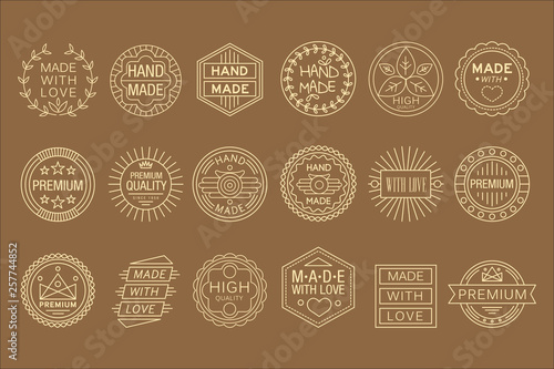 Vector set of linear labels for handmade goods. Made with love. Graphic elements for business card or packaging