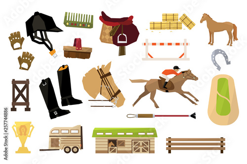 Flat vector set of equestrianism sport objects. Man, horse, wooden barn and fence, rider s equipment, trophy, stack of hay bales, horseshoe, field, trailer