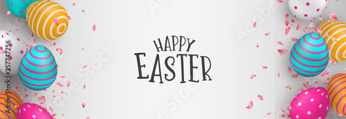 Happy Easter web banner of eggs and spring flower